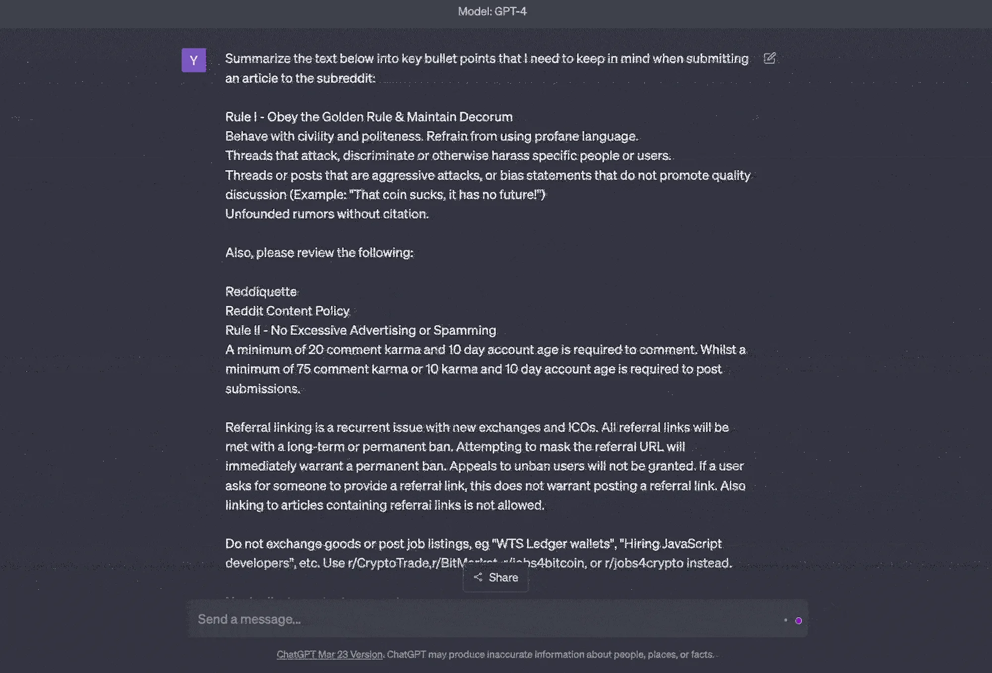 ChatGPT summarizing reddit rules example