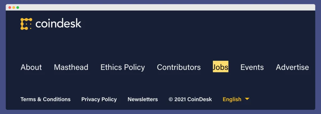 CoinDesk Jobs page for outreach when doing crypto link building - 'Jobs' is highligted