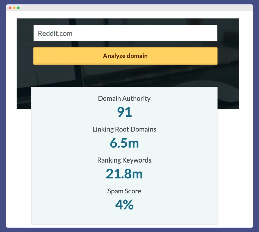 Reddit DA Score on Moz, it has 91/100
