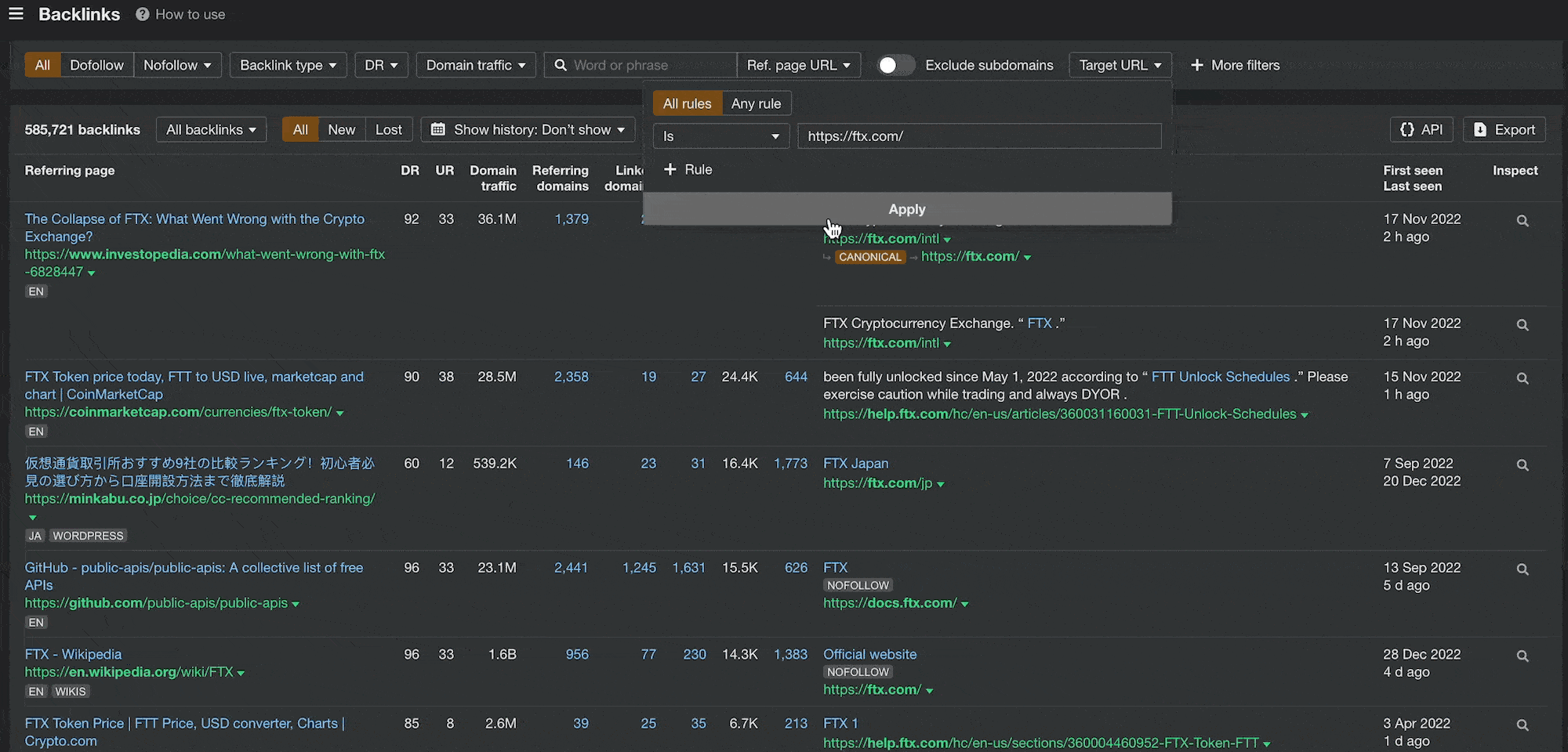 screen recording conducting seo analysis on FTX using ahrefs